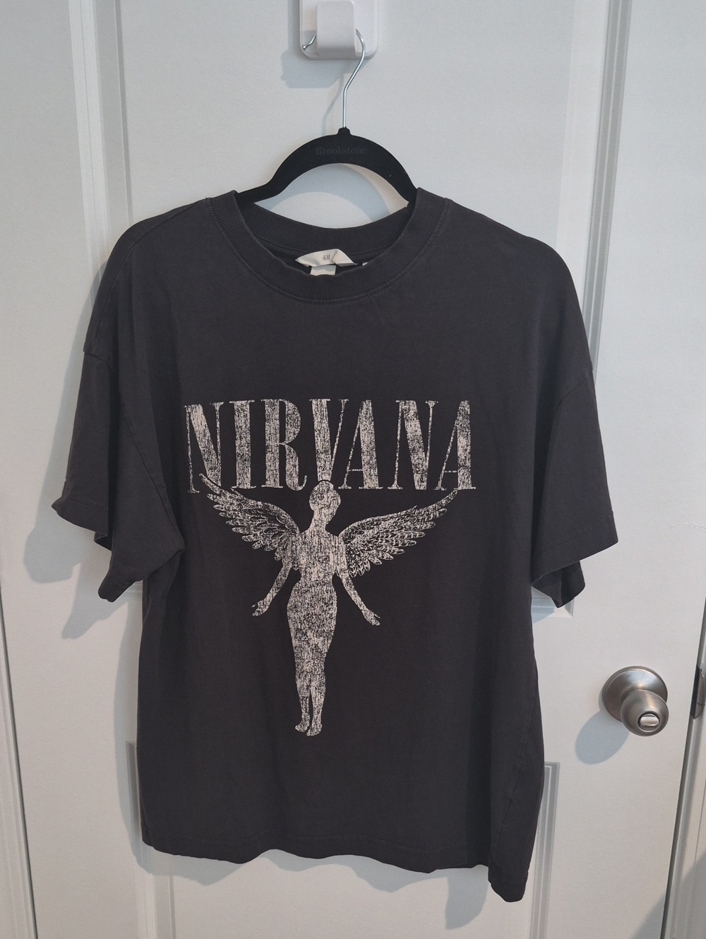 Women NIRVANA Short-Sleeve Graphic Tee with Angel Motif in Grey